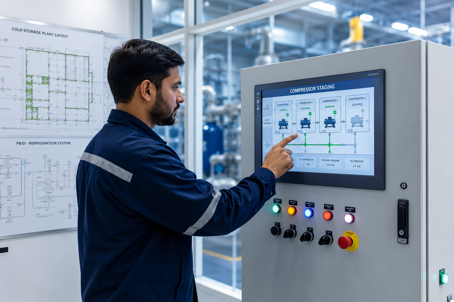 Refrigeration control panel managing compressor staging in an industrial cold storage plant