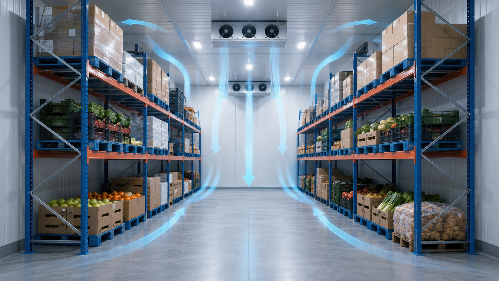 Insulated cold storage chamber interior with racking and air circulation